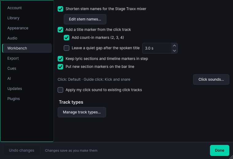 TraxxTool workbench settings: add a title marker from the click track, add count-in markers 2 3 4, and leave a quiet gap after the spoken title