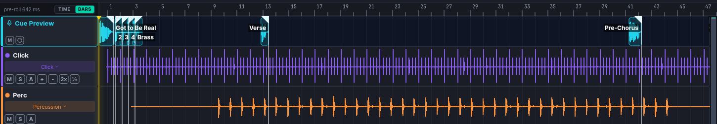 TraxxTool cue lane: the spoken song title and a 2 3 4 count-in at bar one, then Brass, Verse and Pre-Chorus cues on the bar grid above the click and percussion