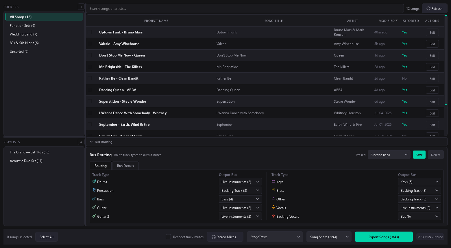 TraxxTool library: songs in folders and playlists, bus routing presets, and a batch export bar
