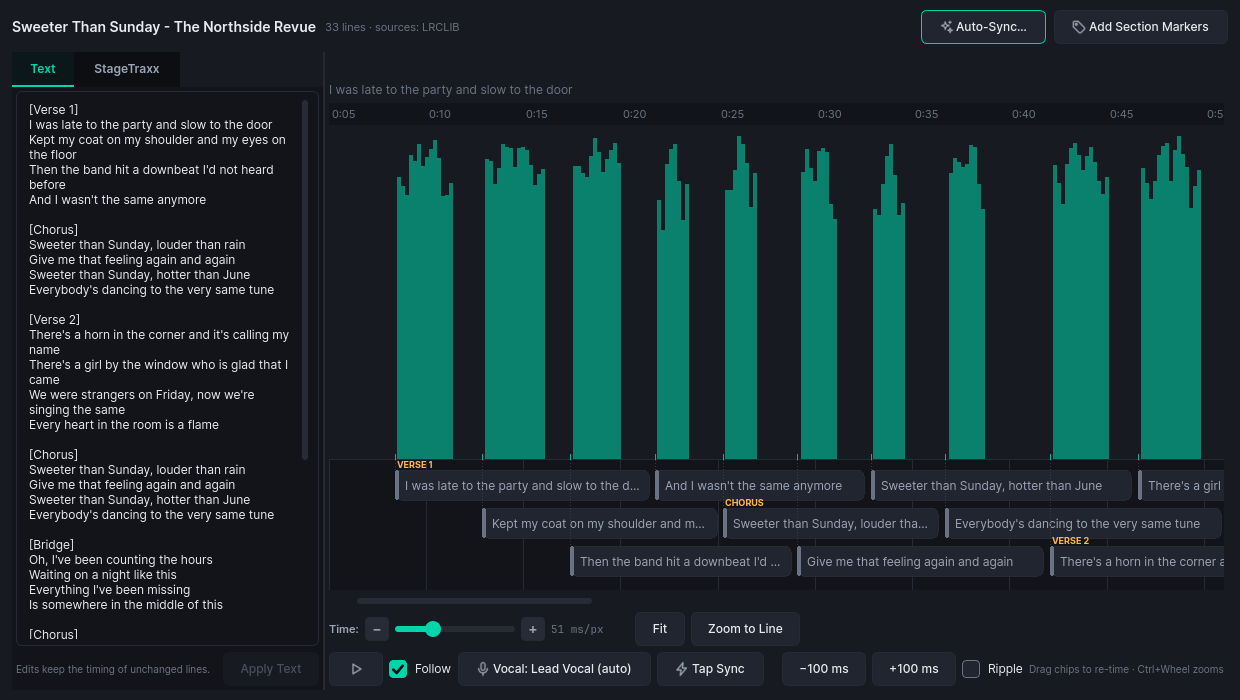 TraxxTool Lyrics Studio: lyric lines as draggable chips over a vocal-activity ribbon, with section markers and a StageTraxx preview