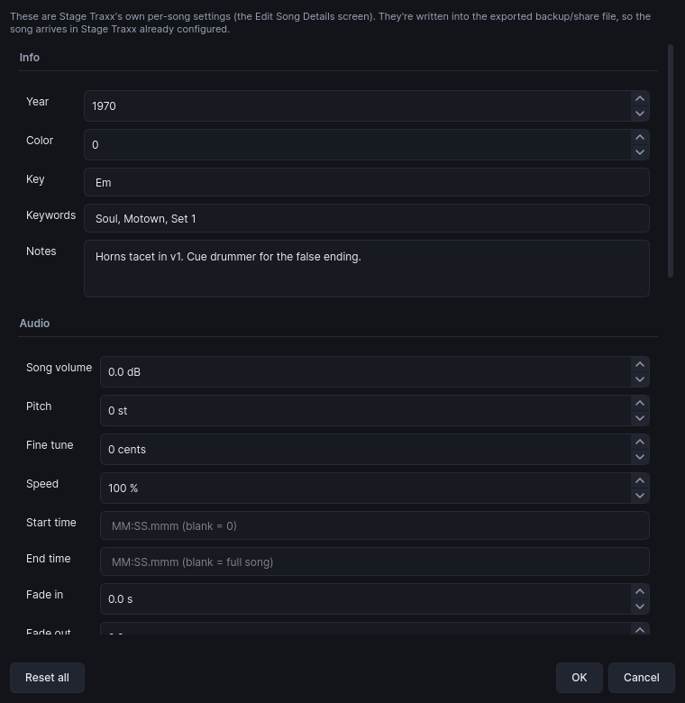 Song details editor: year, key, keywords, MIDI trigger, notes and per-track overrides, written into the StageTraxx export